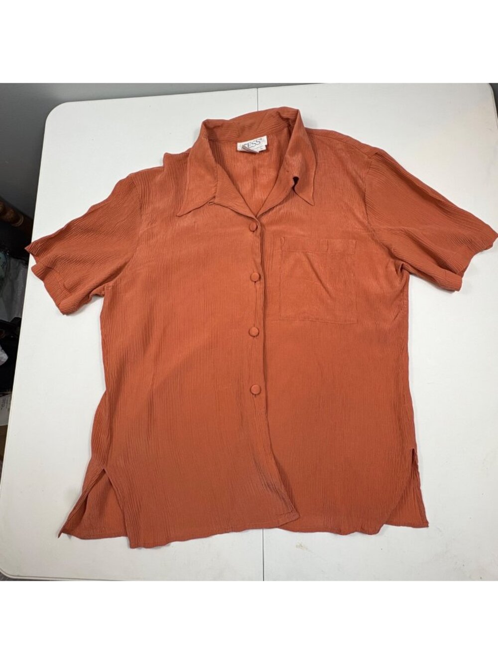 Vintage 90s 100% Silk Crinkle Button Up Blouse Womens L Rust Orange Minimalist B